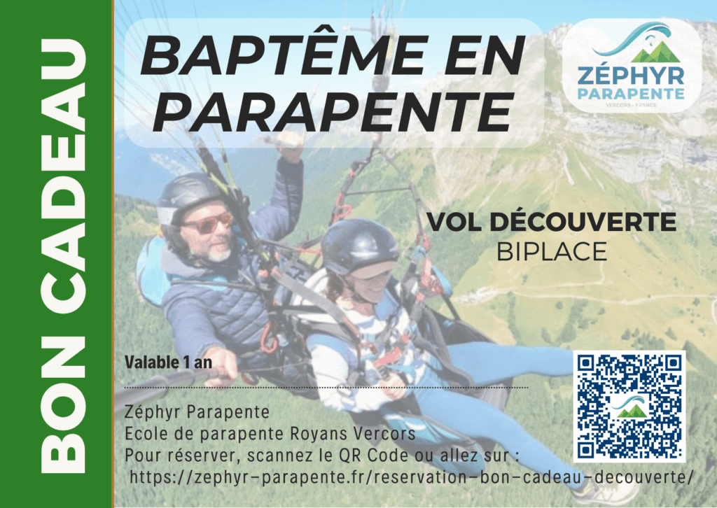 Bon Cadeau Vol biplace Découverte Zéphyr Ecole Parapente Royans Vercors